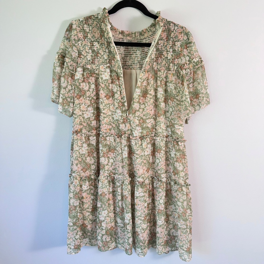 Karlie Floral Smocked Tiered Mini Dress Sage Green Cottagecore Boho Size L $119 - Picture 3 of 9